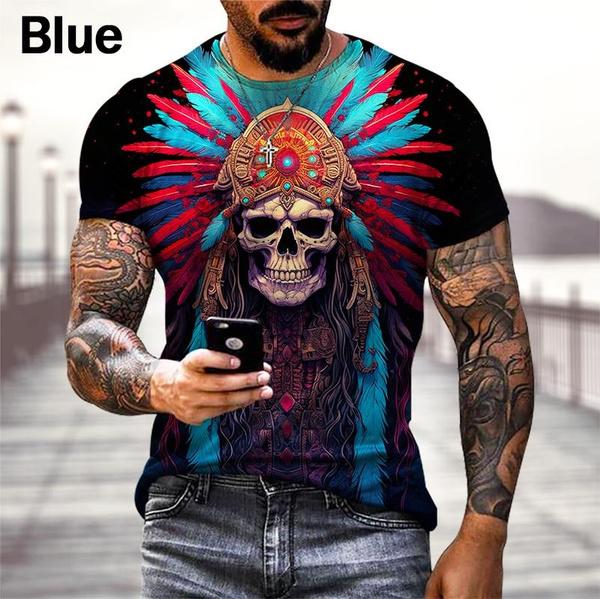 

Крутые модные индийские черепа 3D принтованные футболки повседневная уличная мода Harajuku Tribal Style модные футболки S синий