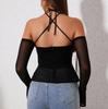 European and American Sexy Mesh Yarn Neck Splicing Top, Popular Women's Clothing Backless Perspective Horn Sleeve Long-sleeved T-shirt