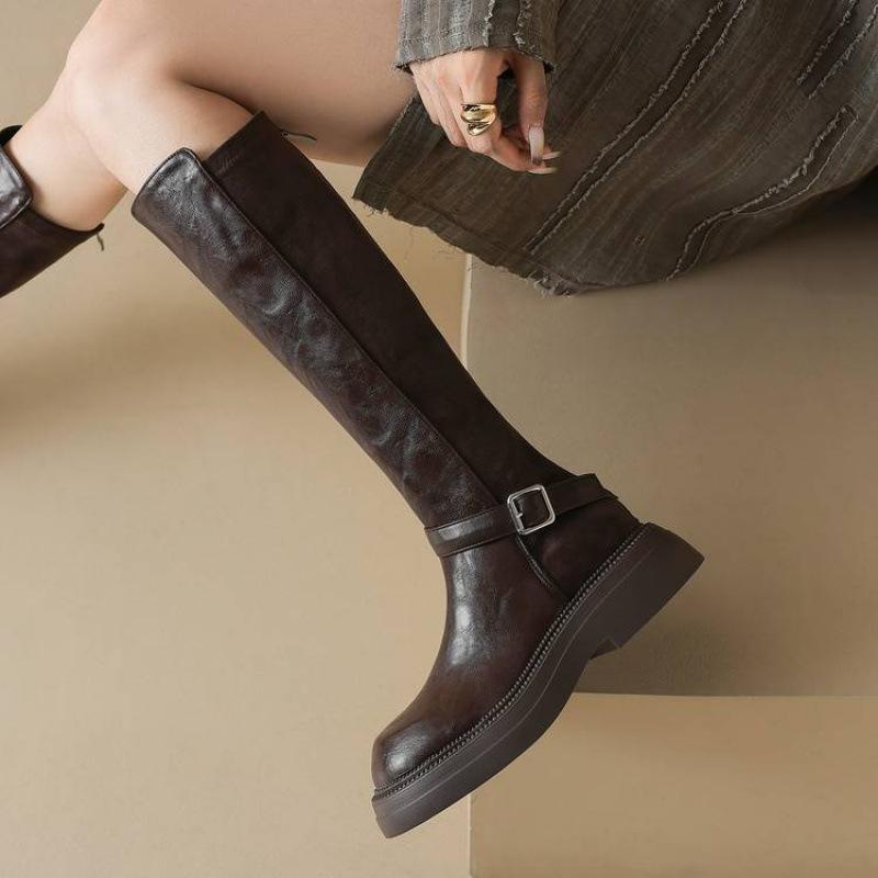 Autumn and winter thick-soled round-headed women's Martin boots solid color large-size rear zipper new comfortable and non-slip medium-heeled high b