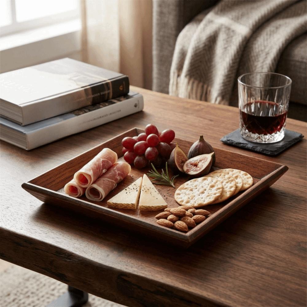 Solid Wood Snack Plate Regular Square Pastry Tray Stackable Serving Saucer Food Serving