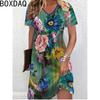 Damen Sommerkleid Kurzarm V-Ausschnitt Lässig 3D Vintage Blumen Print Elegantes A-Linien-Kleid