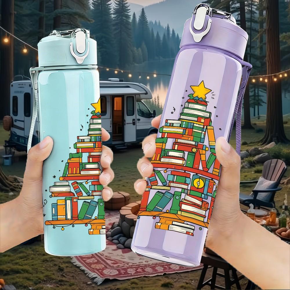 1PC Christmas Tree Gift Stack Art 750ml Color Plastic Sports Water Bottle Leakproof Flip Straw Lid Suitable for Sports Office Home Use