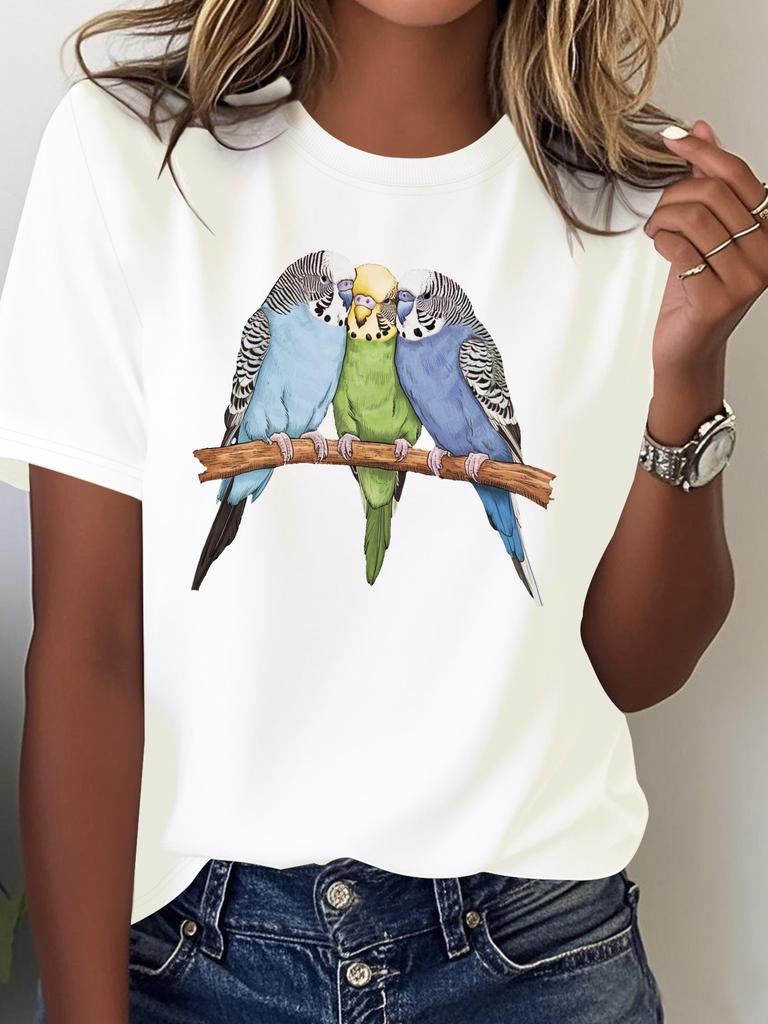 T-shirt Casual da Donna Modello Rami di Pappagallini Maniche Corte Girocollo Comfort Quotidiano Casual Moda Personalità Estate Y2K