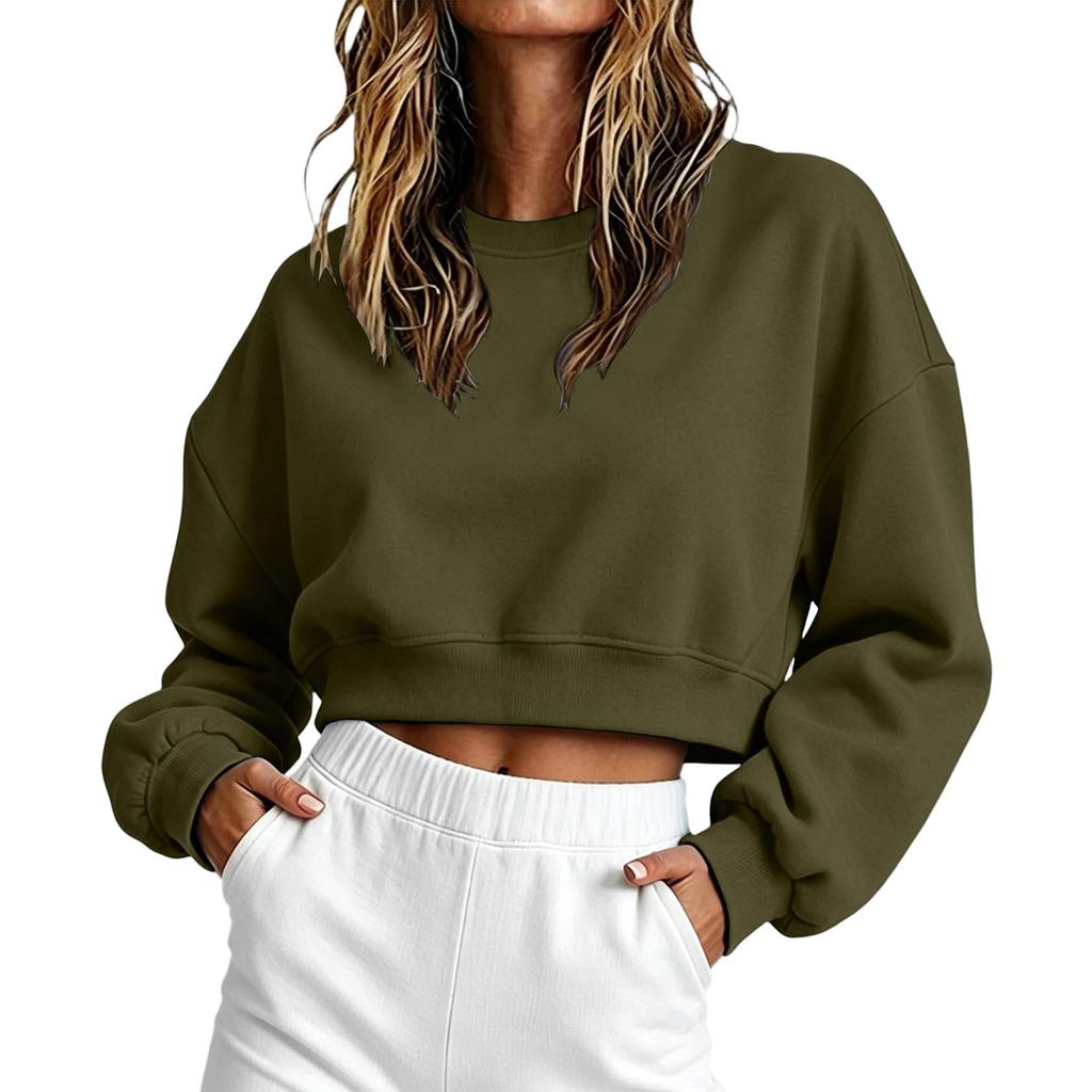 Women's Cropped Pullover Sweatshirt with Oversized Round Neck and Long Sleeves for Casual Wear