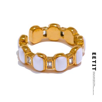 White Enamel Cubic Zircon Gold Color Ring for Women Stainless Steel Elegant Fashion Finger Jewelry Accessories