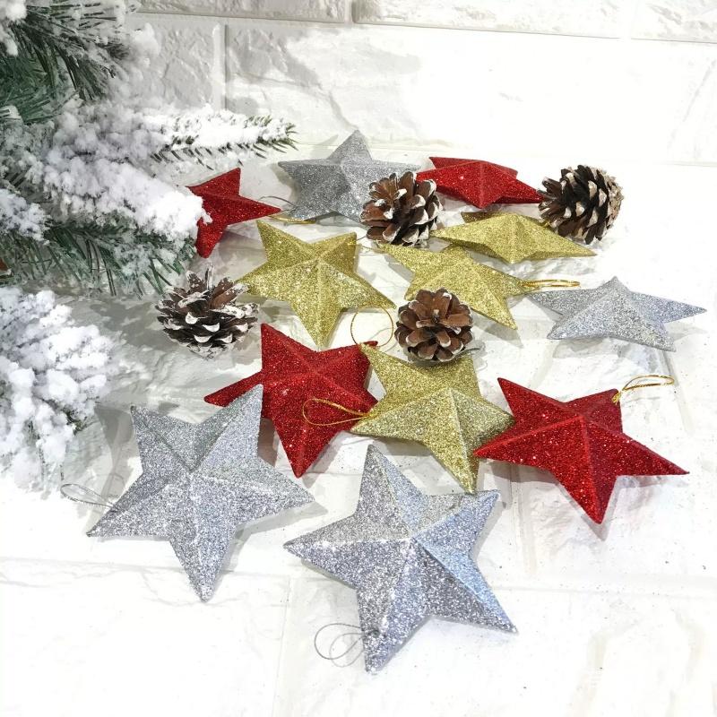6/24pcs Christmas Glitter Star 5cm Pentagram Christmas Hanging Pendant For Birthday Wedding Festive Christmas Party Decoration