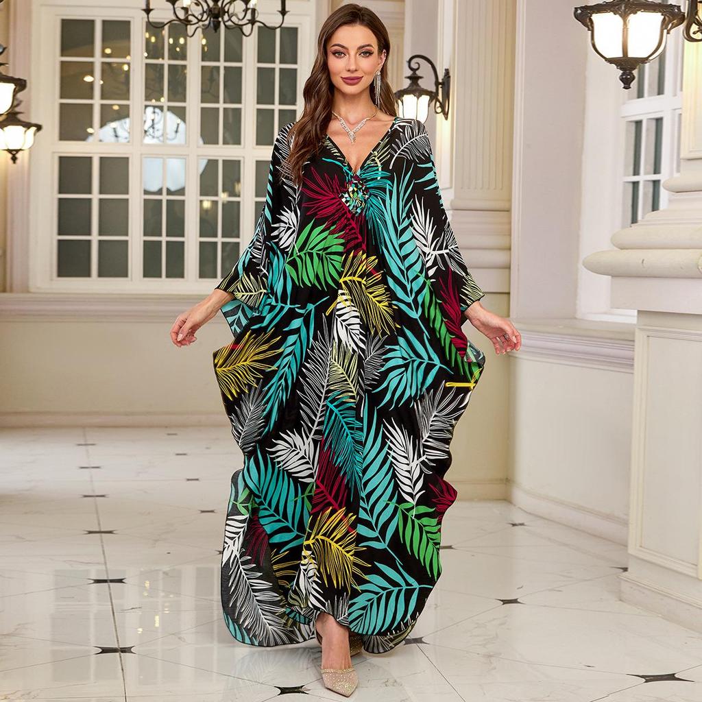 2025 European & American Cotton Printed Beach Dress Women's Long Loose Cover-Up with Sun Protection