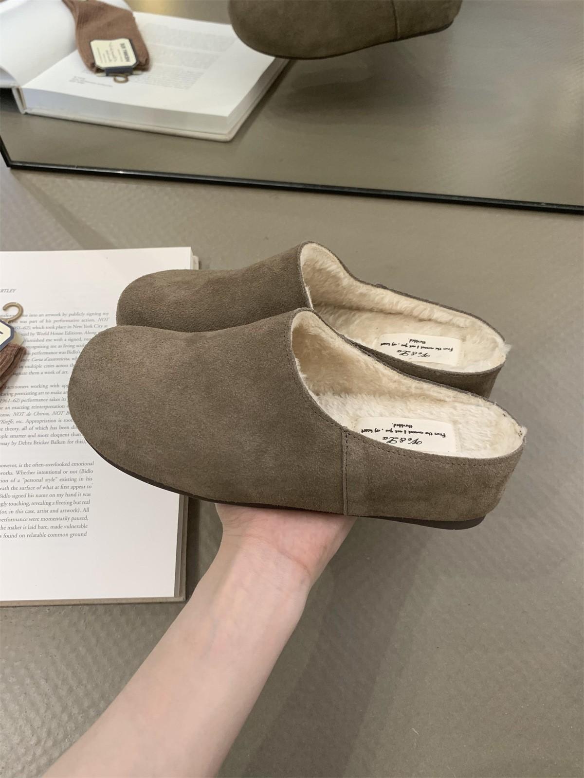 

3CM inner height increase~ velvet Boken shoes thick-soled half-drag autumn and winter new one-pedal lazy bag head half slippers 40 верблюд