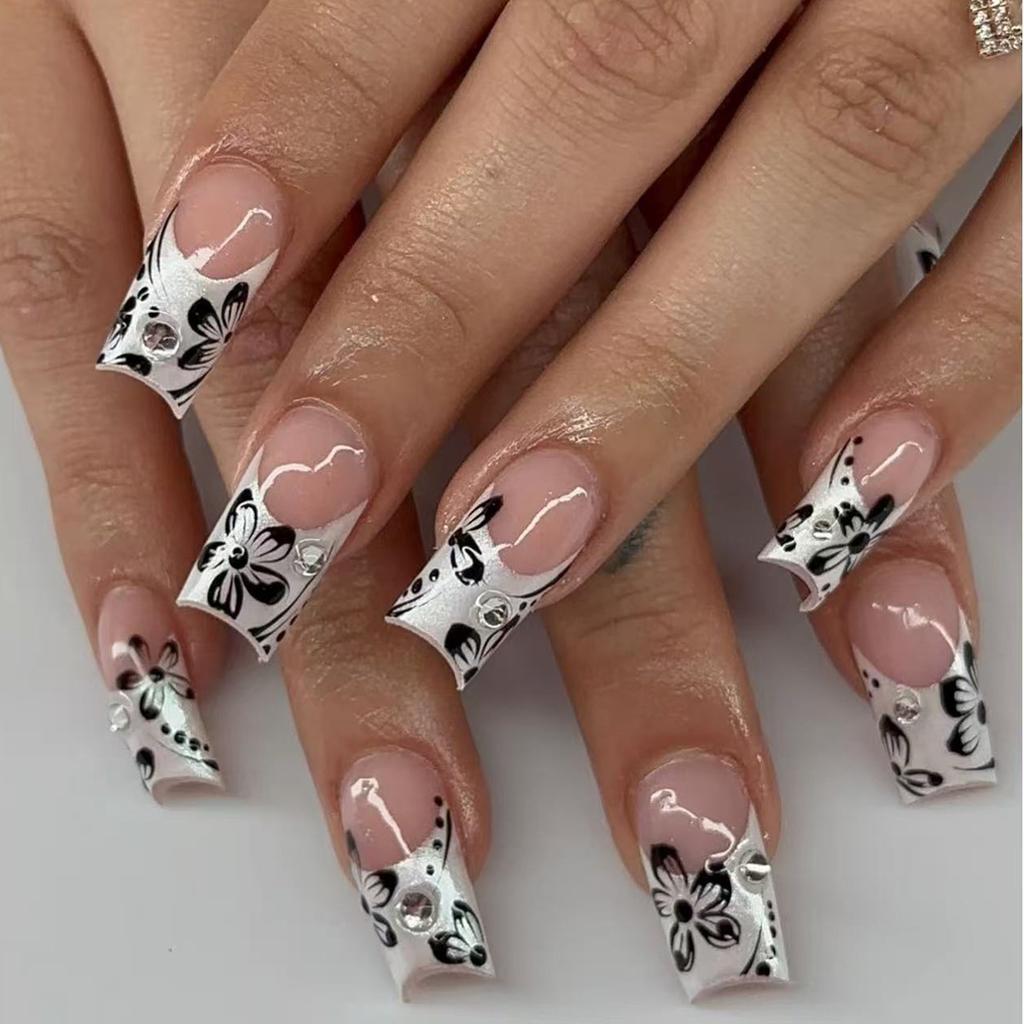 24Pcs Medium Coffin Press On Nails French Tips With Fairy Flower Charms