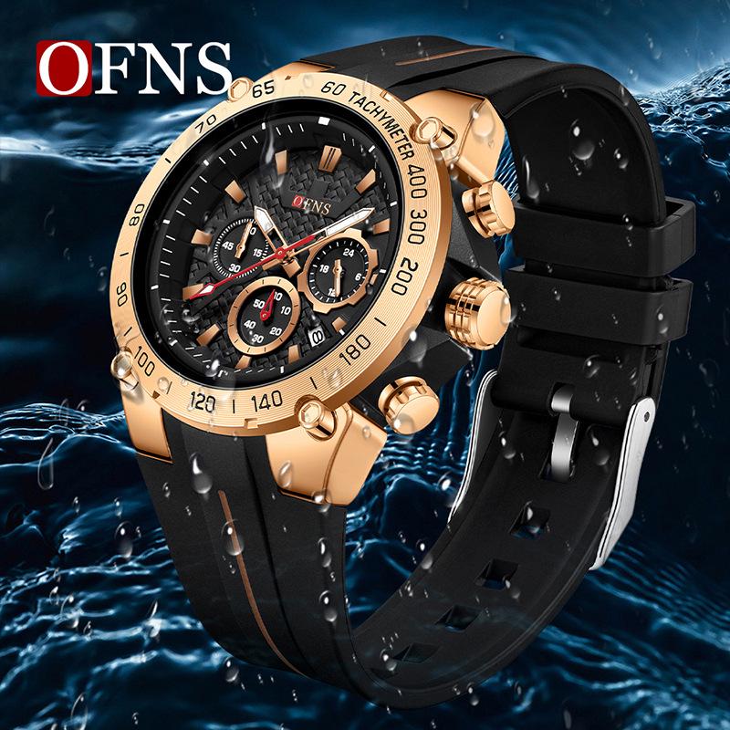 Oufanny Men's Fashionable Multifunctional Waterproof Quartz Watch with Calendar, Three Dials, Six Hands, and Cool Color Blocking