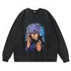 Dark Washed Vintage Anime Print Streetwear Hoodie Men - Retro Black Cotton Crewneck Sweatshirt Fall Casual Wear