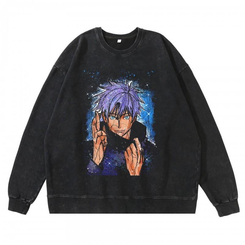 Dark Washed Vintage Anime Print Streetwear Hoodie Men - Retro Black Cotton Crewneck Sweatshirt Fall Casual Wear