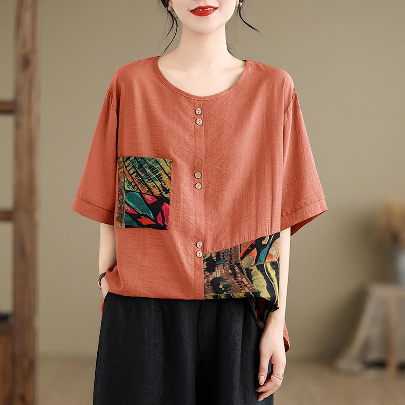 Mode Print Rundhals Kurzarm T-Shirts Damen Sommer Übergröße Locker Lässig Knöpfe Tee Tops Frauen 2025