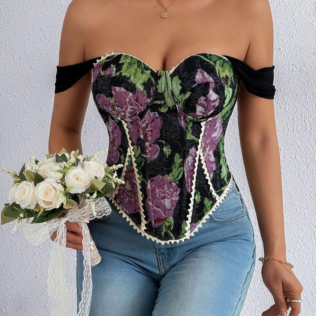 Amerikanischer Retro-Print Abend-Camisole-Träger Spitze Gespleißt Schlank Streetwear Floral Vintage Strand-Tanktop