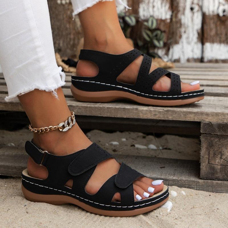 Summer New Sandals Thick Bottom Hollow Slope Heel Velcro Solid Color Breathable Open Toe