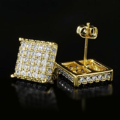 Hip Hop Style Copper Micro-Inlaid Zircon Square Stud Earrings Hiphop Trendy Cool Earrings