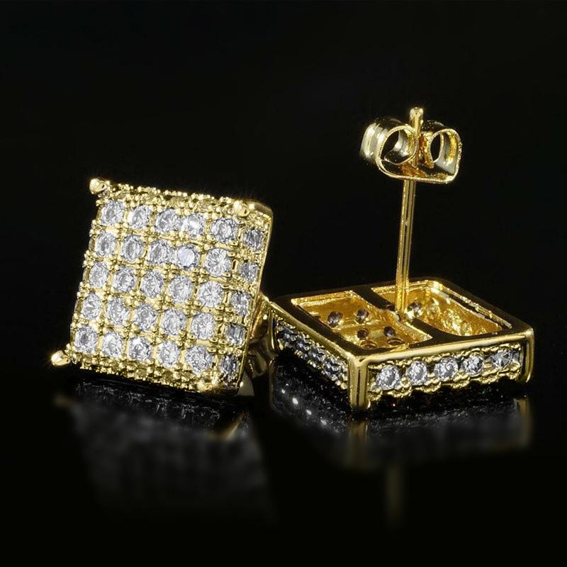 Hip Hop Style Copper Micro-Inlaid Zircon Square Stud Earrings Hiphop Trendy Cool Earrings