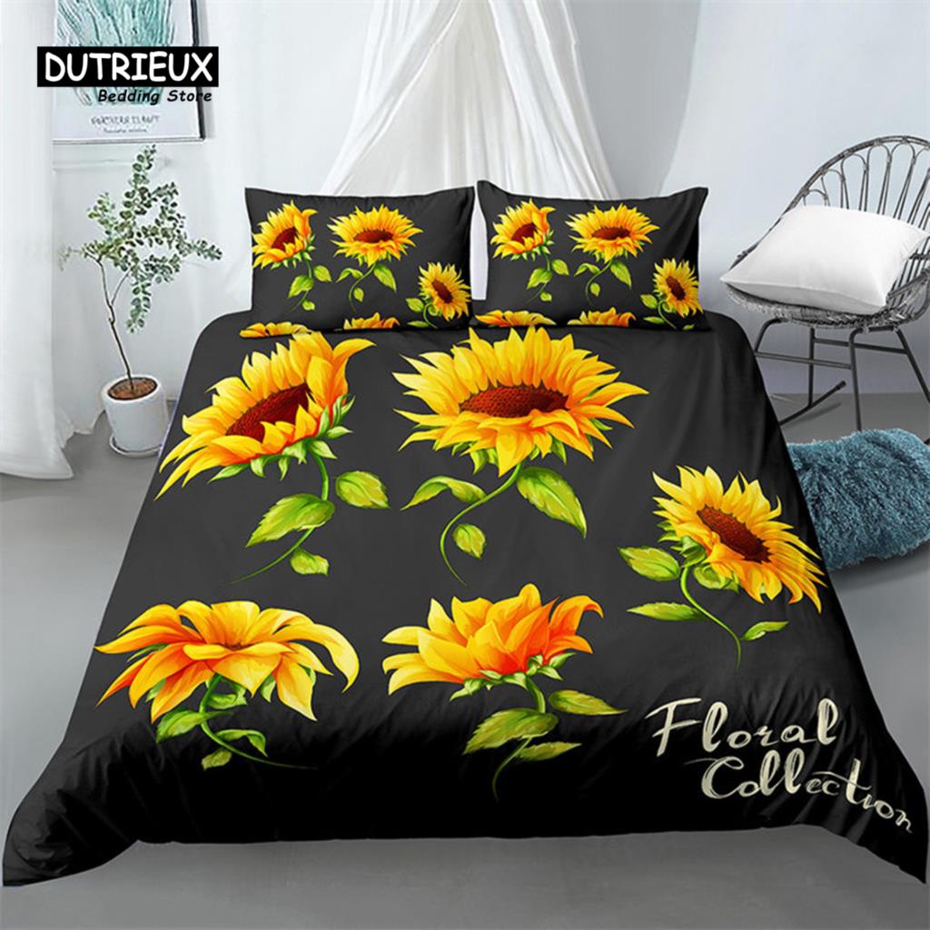 Sunflower Bedding Set Modern Microfiber Yellow Flowers Print Duvet Cover Alluring Sunflowers Summer Inspired Design Quilt Cover