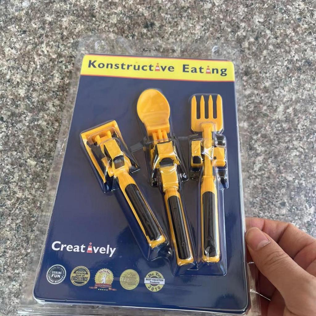 Interaktives Bulldozer & Bagger Kinderbesteck-Set - 3-teilig (Gabel, Löffel, Teller)