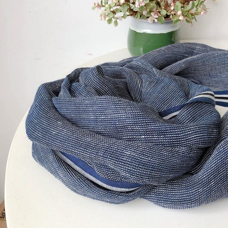 Spring/Summer New Men's Linen Scarf Blue Color Versatile Breathable Shawl Casual Hairy Japanese Striped Scarf for Men