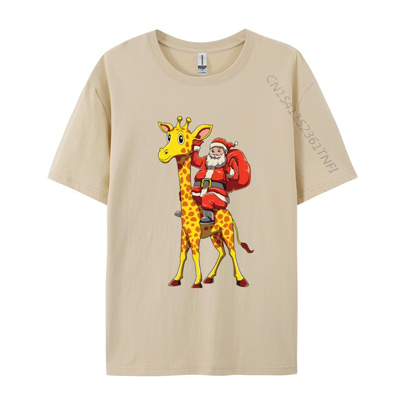 Weihnachtsmann reitet auf Giraffe Weihnachtsgiraffe T-Shirt Druck T-Shirts für Unisex Baumwoll-T-Shirts Cremefarbenes T-Shirt
