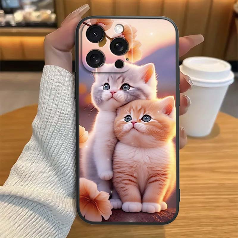 Cute cartoon cat illustration For Apple iPhone 17 16 16E 15 14 13 12 11 Pro Max Plus Black Soft Silicone Phone Case