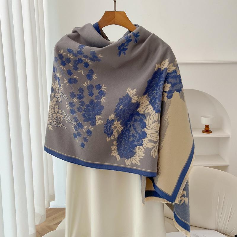 Luksusmerke Cashmere Kvinner Blomstret Skjerf Vinter Varmt Sjal og Wrap Bandana Pashmina Kvinne Foulard Firkantet Tykk Teppe Poncho