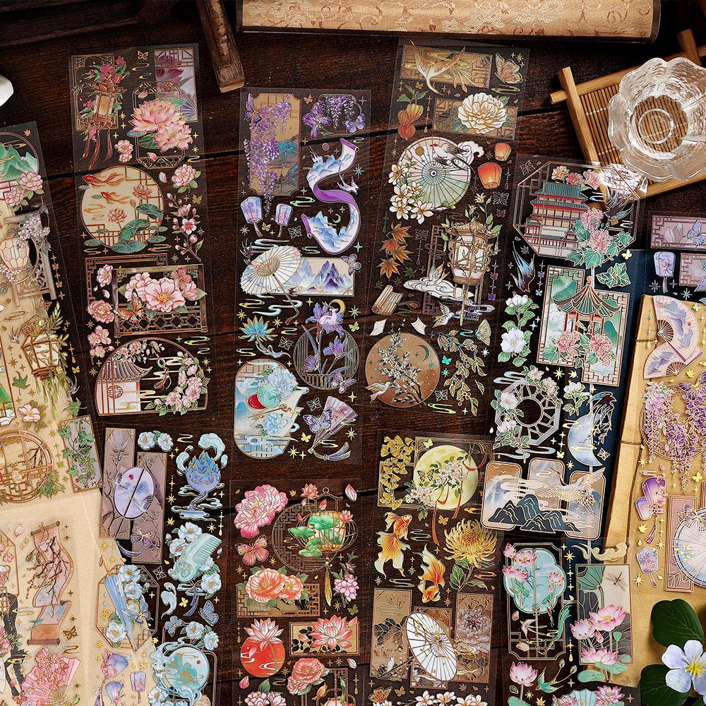 3 Sheets PET Chinese Style Bronzing Sticker Decorative Diary Album Scrapbooking Material Handmade Craft Supplies