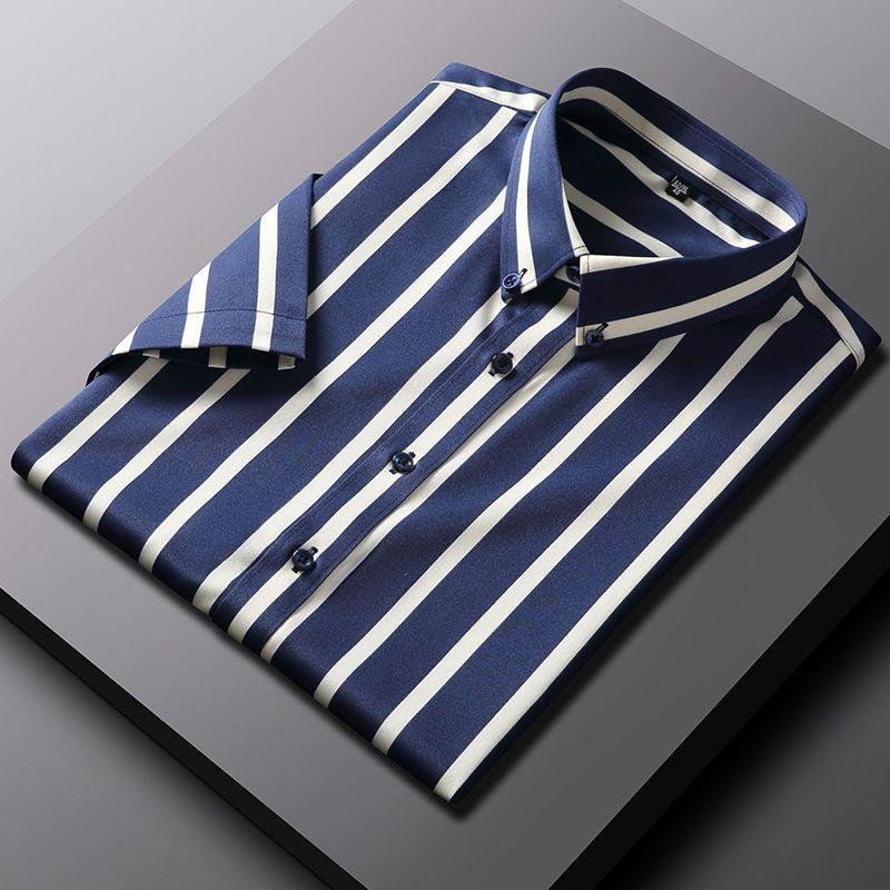 Letní pánská žlutá pruhovaná strečová košile s krátkým rukávem pro mladé štíhlé podnikatele, stylová košile na knoflíčky