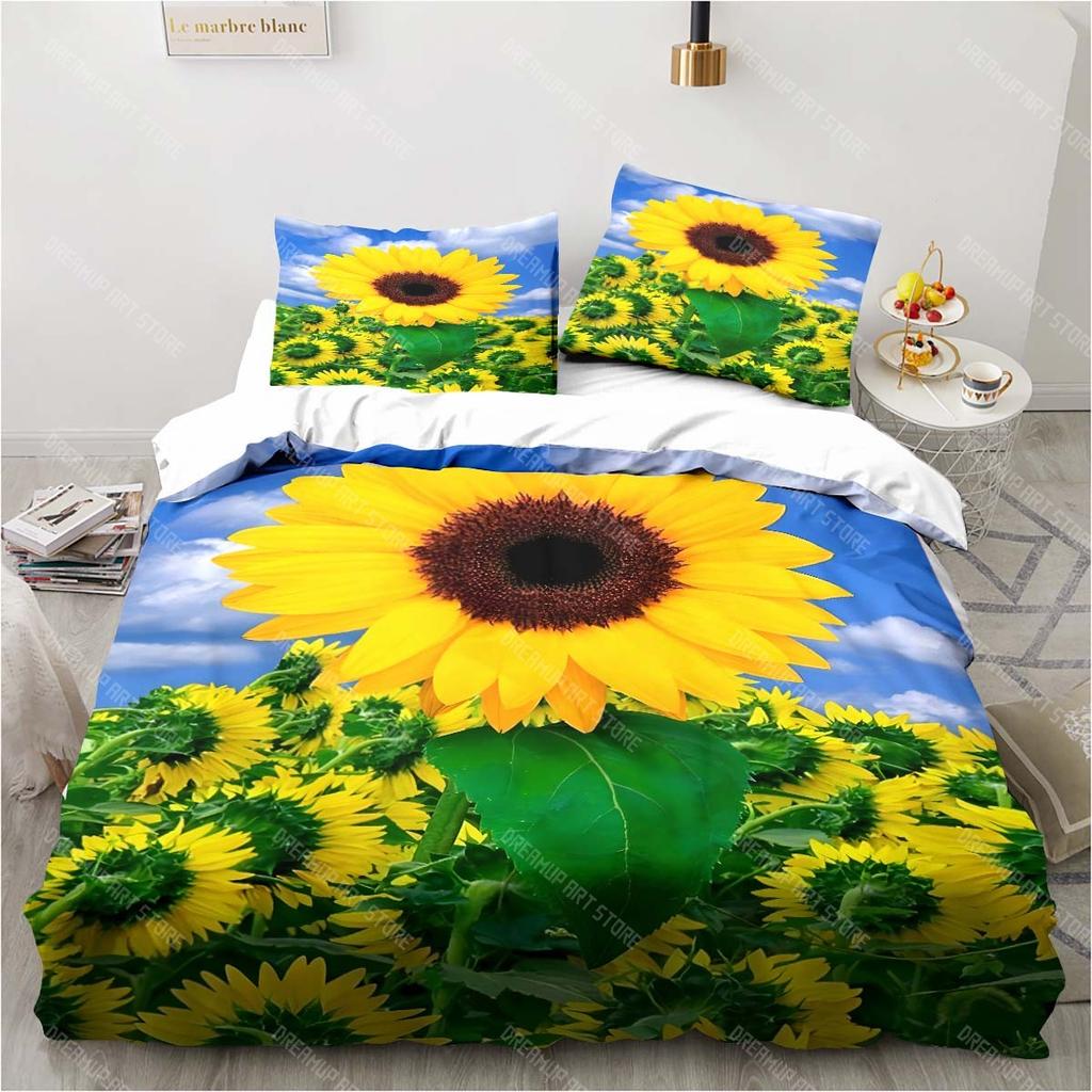 3D Sunflower Printing Set Bedding Floral Pattern Three-piece Set Living Room Bedroom Home Decoration Pillowcase Quilt Cover Gift