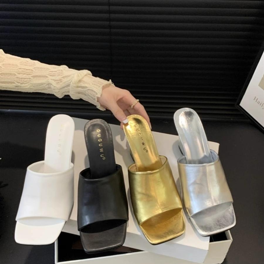 Fashion Slippers Women Summer Shoes Slides Heeled Mules Fashion Square Toe Platform Pantofle High Luxury Soft 2025 Concise Pumps