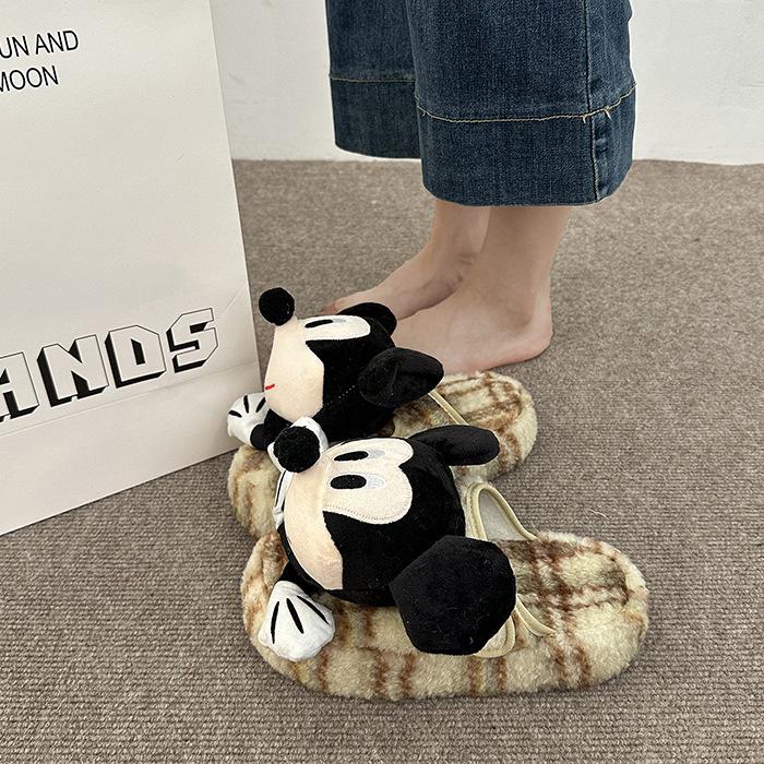 Papuci de casă 3D Mickey desene animate pentru femei, toamnă-iarnă 2025, noi, de exterior, călduroși, papuci de bumbac tip half-towed