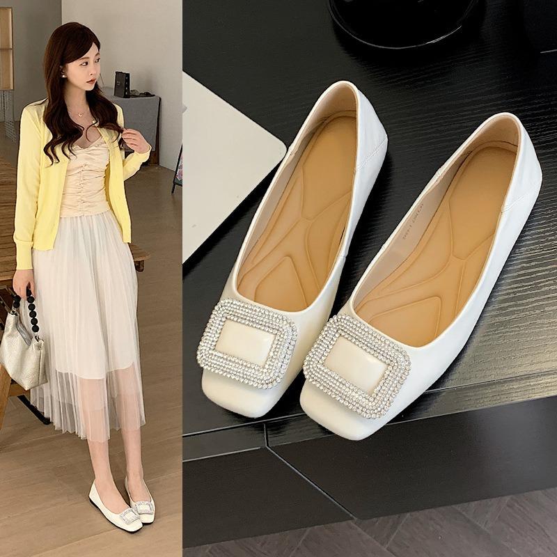 Sheepskin single shoes for women's spring and summer new rhinestone square buckle temperament flat Mary Jane small leather shoes for women