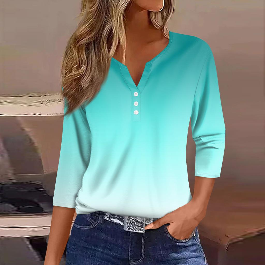 Women's Fashion Casual Printed V-Neck Seven Sleeve Button Down T-Shirt Top