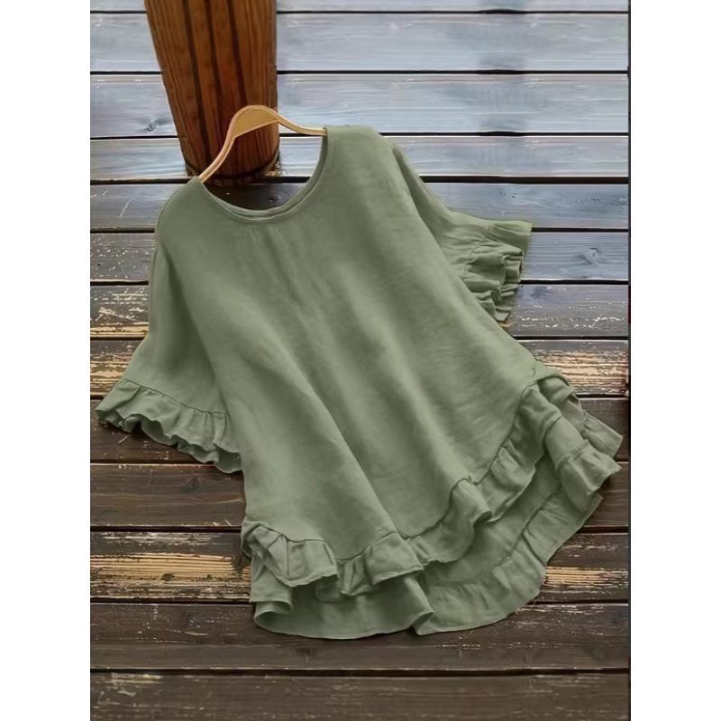 Plus Size Women's Ice Silk Pleated Ruffle Top with Flare Sleeves and Round Neck.