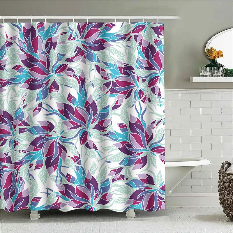 Modern Bath Shower Curtain Set With Floral Print: Water-Resistant Fabric For Home Decor Blue Purple Colors