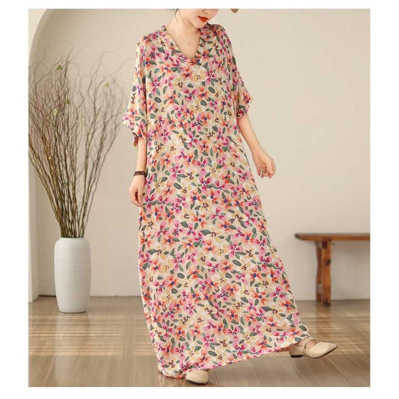 Vintage Vacation Style Enlarged Flesh Covering Thin V-neck Long Dresses