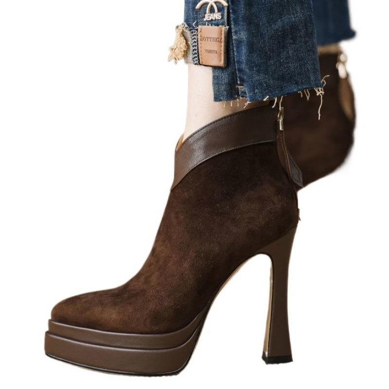 Elegant Women Ankle Boots Suede High Heels Shoes Sexy New Chunky Shoes Designer 2025 Winter Boots Woman Pumps