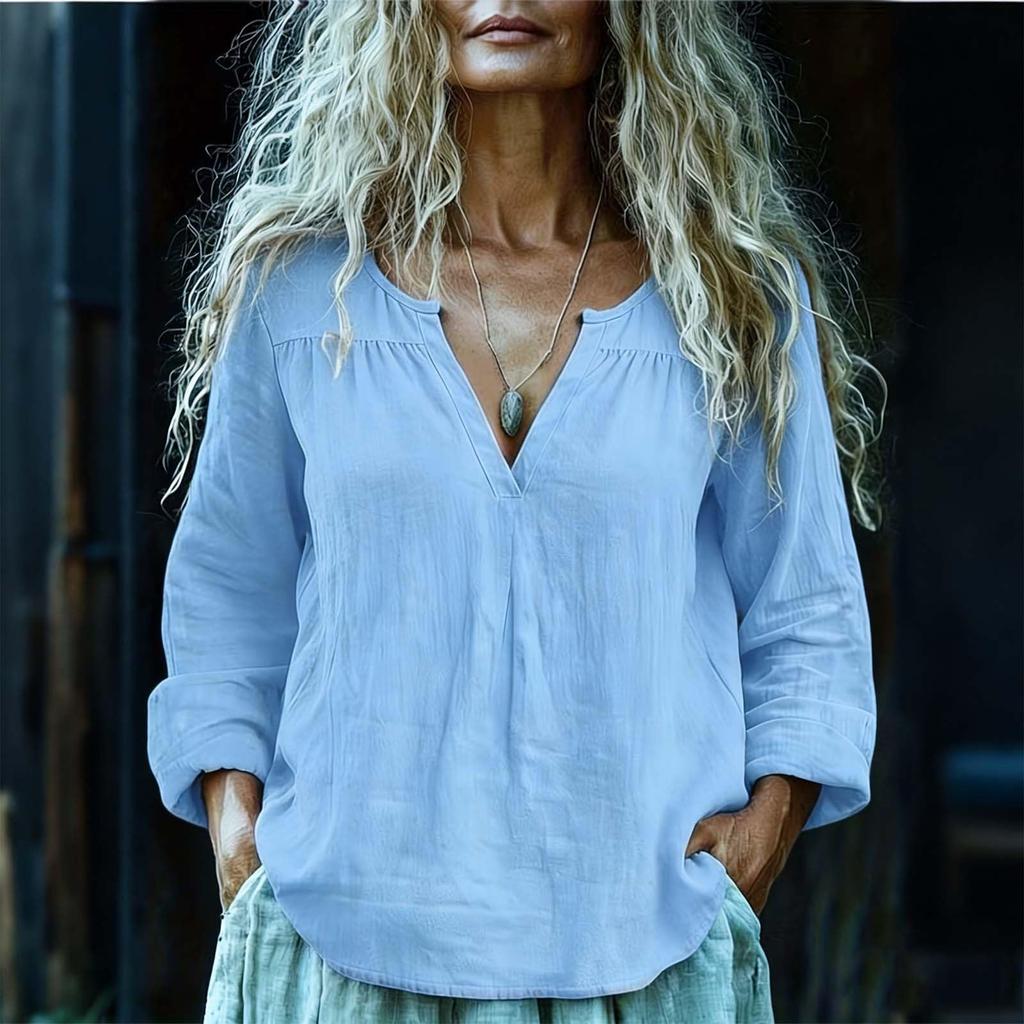 Women's Fashion Loose-Fit Long-Sleeve V-Neck Pullover Shirt Cotton-Linen Blend Top