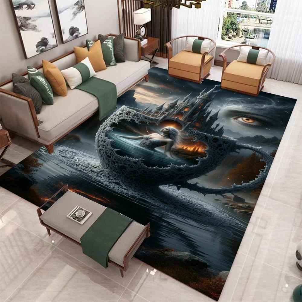 Fantasy Character Carpet Mat Mystical Landscape Dark Art Style Living Room Rug with Vibrant Sunset Torch Light Home Decoration