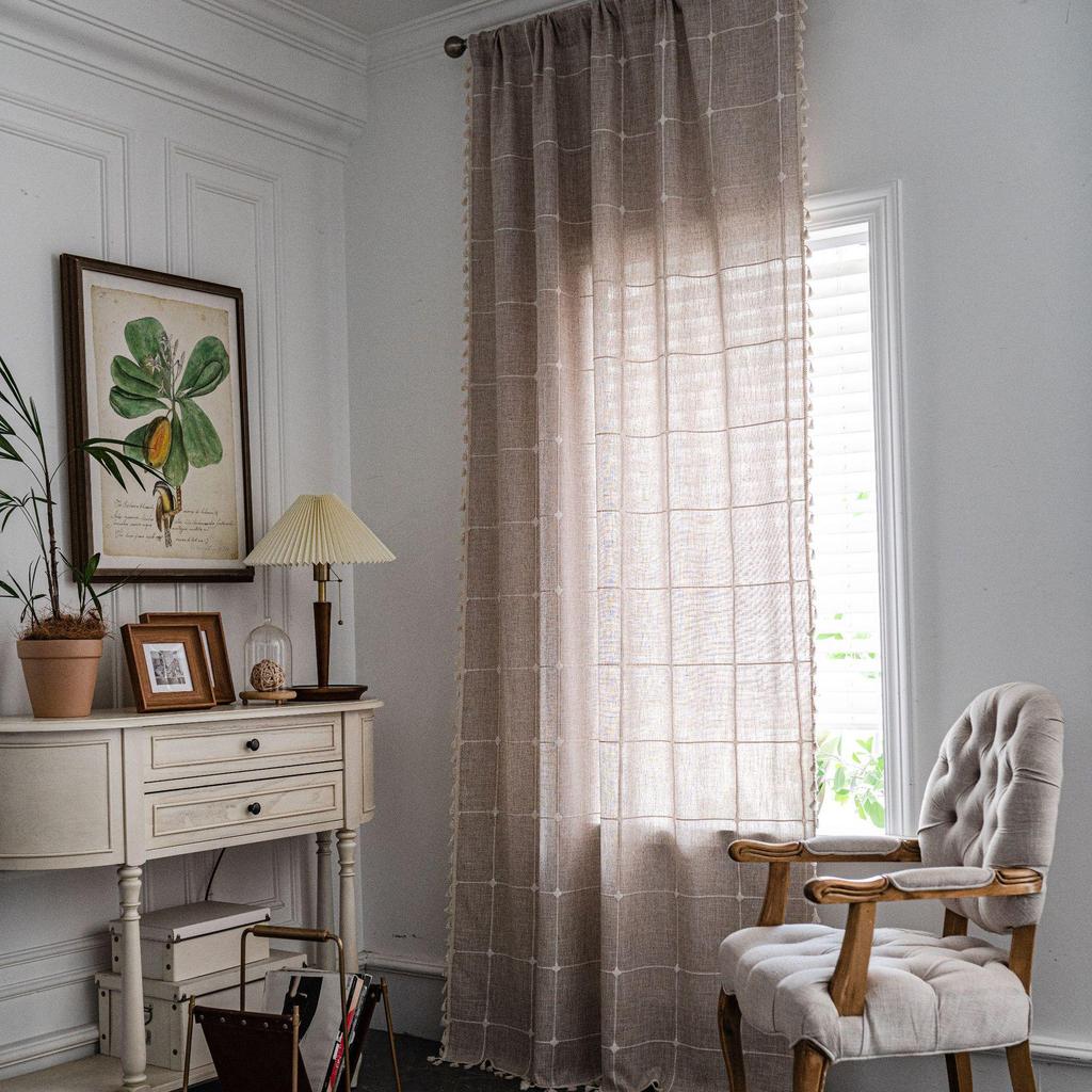 Imanqi Yun Striped Embroidery Semi-Blackout Curtains for Kitchen or Living Room, Country Style Bay Window Decor