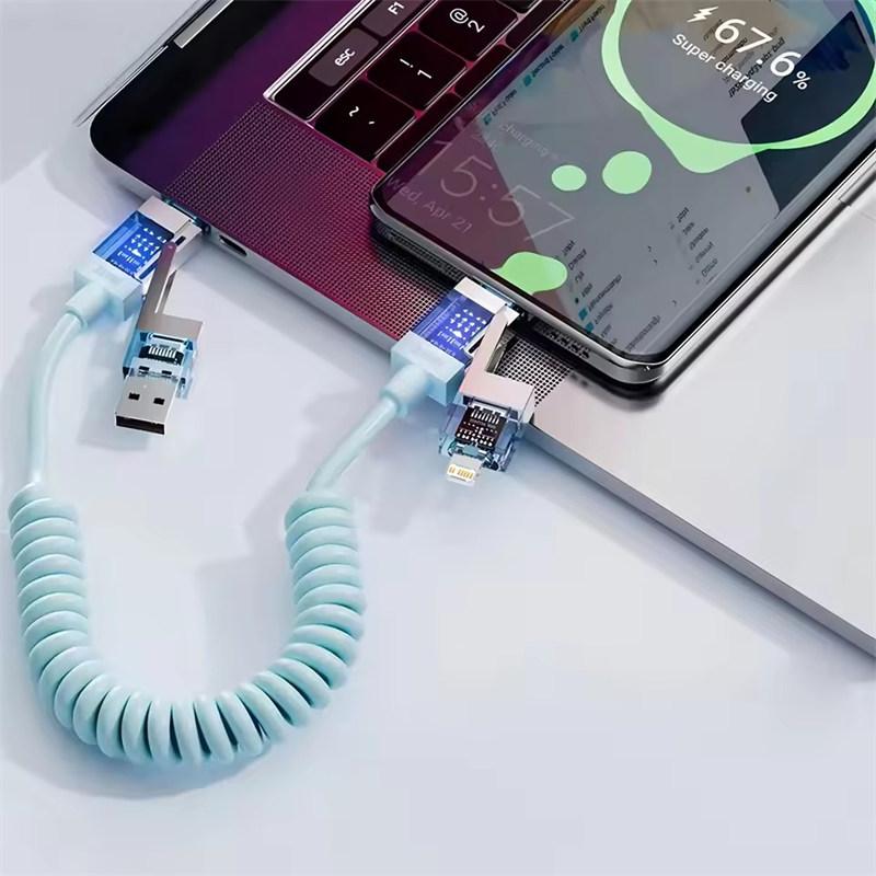 240W 4-in-1 Retractable spring super fast charging data cable For iPhone15 16 Samsung supports carplay data cable