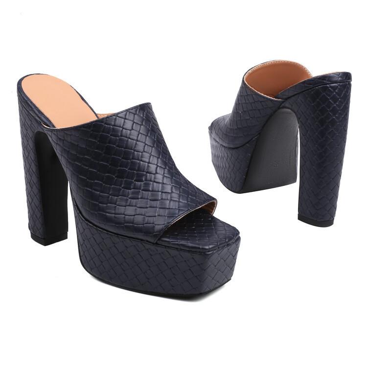 New European and American style square head snake pattern embossed fish mouth sandals waterproof table thick heel high heel sandals women's shoes