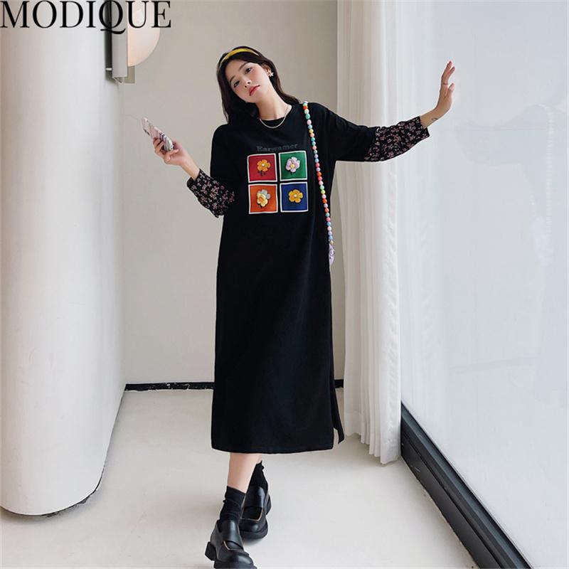 MODIQUE Jesień Plus Size Nowe Długie Sukienki Kobiety Luźne Sukienki w Słodki Nadruk Kwiatowy Kobieta Podstawowe Casual Długi Rękaw Szyty O-Neck Spódnica