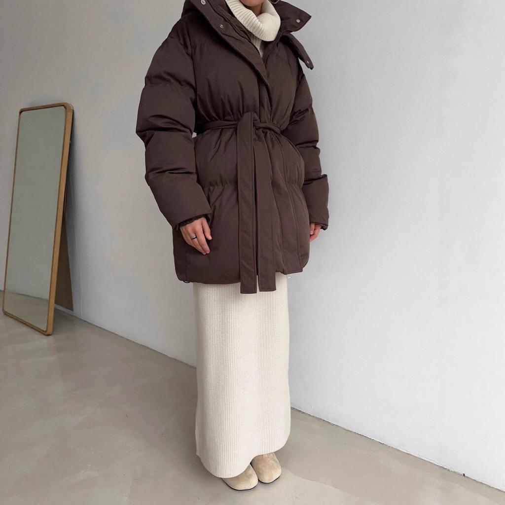 Women's Dark Brown Long Hooded Puffer Coat, Removable Sleeve Covers and Waist Tie Belt