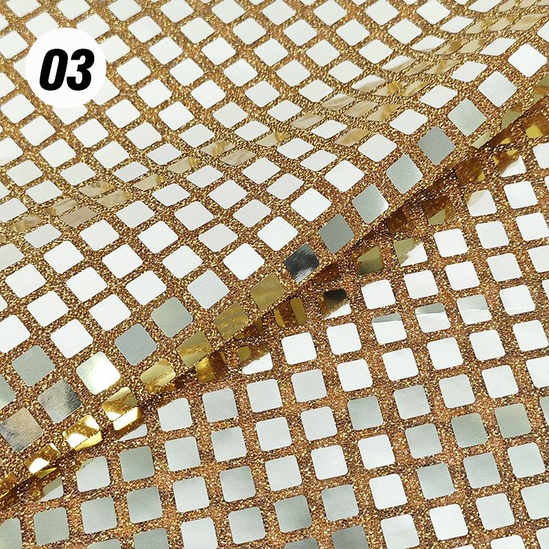 Premium Designer Fabric for Party Dresses - Soft Mirror Mesh with Metallic Dark Gold Square Lattice & Lurex Shimmer