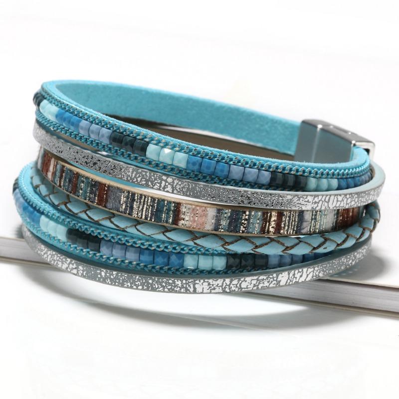 Bohemian Hand-woven Leather Bracelet Women's Alloy Magnetic Buckle Multi-layer PU Bracelet Multi-color Optional