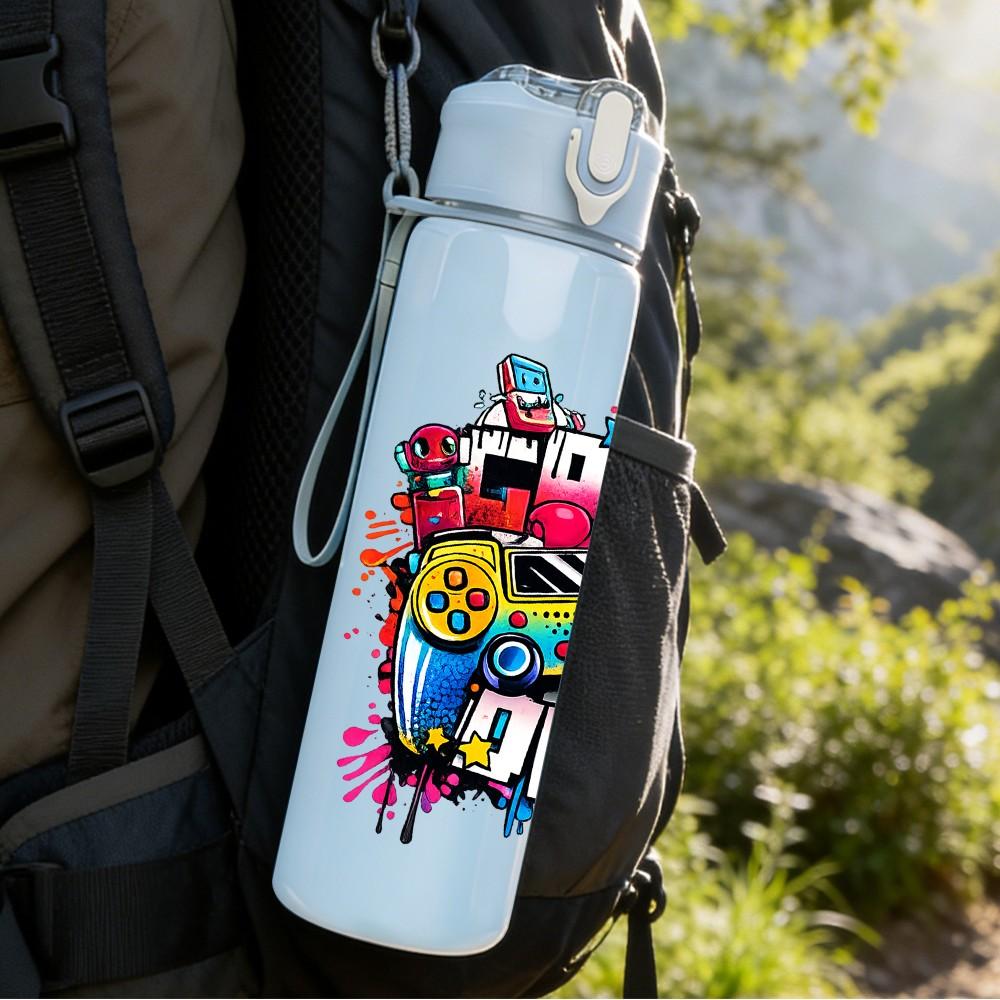 1PC Fun Birthday Party Graffiti Art Print 750ml Color Plastic Sports Water Bottle Leakproof Flip Straw Lid Suitable for Sports Office Home Use