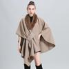 Autumn/Winter Knitted Scarf Shawl Cape with Fur Collar and Pom-Poms (Style 0962#)