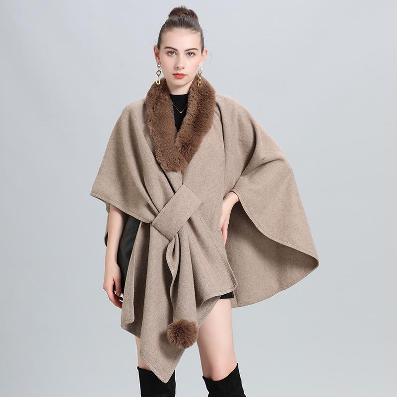 Autumn/Winter Knitted Scarf Shawl Cape with Fur Collar and Pom-Poms (Style 0962#)